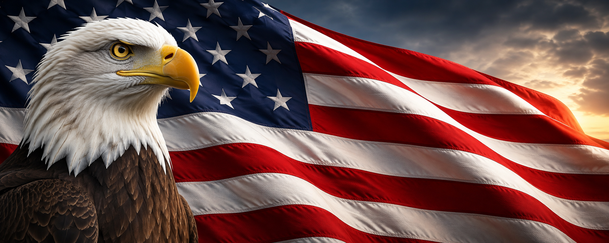 Bald eagle in front of a complete United States flag